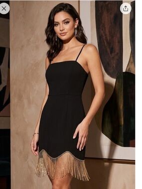 Trixxi Black Mini Dress with Gold Crystal Fringe